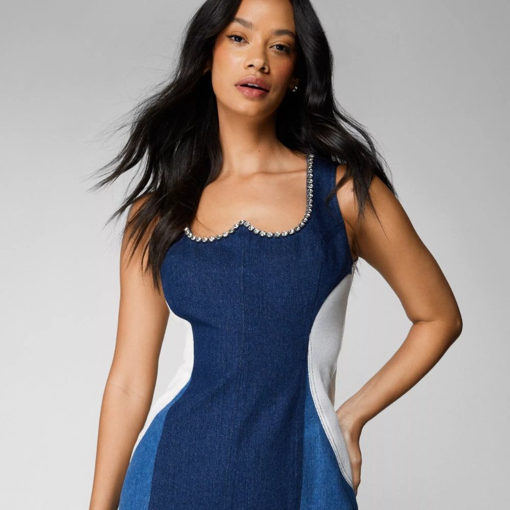NastyGal Diamante Embellished Denim Mini Dress